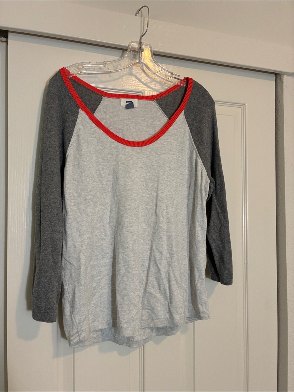 Old Navy Light Gray Raglan Long Sleeve Top with Charcoal Sleeves and Orange Trim